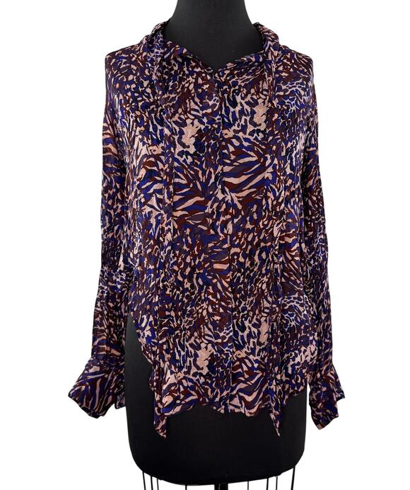 Reiss Tops - REISS Tora Multi Blouse Animal Print Tie-Neck Drop Shoulder Front Button Size 4